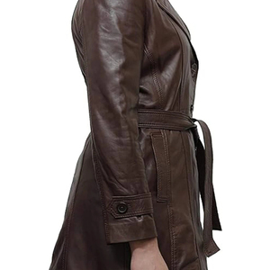 Abrigo de Cuero Tipo Gabardina para Mujer, Piel de Oveja Genuina, Color Marrón, Abrigo Largo de Invierno - Product Image 1