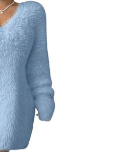 Customized Sky Blue Fuzzy Knit Sweater <b>Dress</b> <b>Women</b> V Neck Long Sleeve Soft Plush <b>Winter</b> Warm Fashion OEM Wholesale Custom Made - Product Image 3