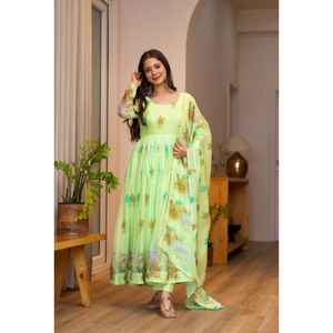 NUEVO LANZAMIENTO DE KURTA PENT DE DISEÑADOR CON DUPATTA, TELA DE ORGANZA SUAVE Y PURA CON ESTAMPADO FLORAL PARA FIESTAS, ESTILO CASUAL REVERSIBLE - Product Image 1