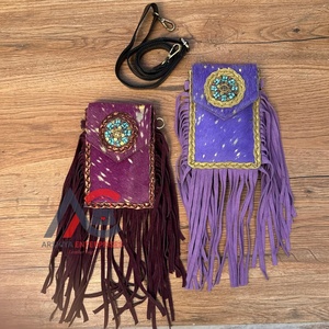 Nouveau à la mode 2025 cheveux sur cuir de vachette métallique frange bandoulière Mini sac pour femmes en cuir véritable Concho cellule Mobile sacs à main - Product Image 1