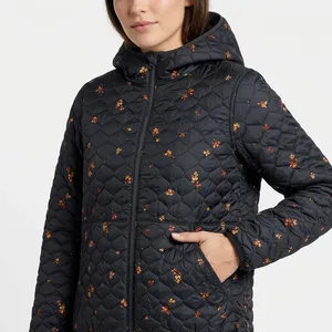 Chaqueta Acolchada Floral de Lona Tejida Personalizada para Mujer, con Capucha, Acolchado de Diamantes, Secado Rápido, OEM, Ligera, de Algodón, Venta al por Mayor - Product Image 3