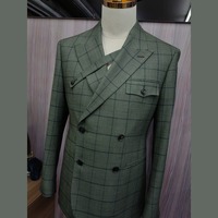Costume Homme Vert Sauge à Carreaux Marine, Double Boutonnage, Revers Pointus, Boutons en Corne, Sur Mesure pour Affaires