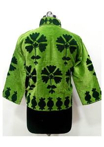 Vintage Style Green <b>Velvet</b> Suzani Boho Jacket Patterned Embroidery with Cotton Lining <b>Quilted</b> Winter Short Coat - Product Image 2