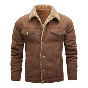 Chaqueta vaquera clásica de color marrón con piel de talla grande hecha de algodón con cierre a presión y cuello vuelto, chaqueta vaquera de moda para hombre - Product Image 1