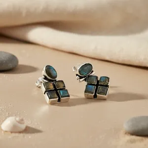 925 <b>Silver</b> Rhodium Plated Cute Square Gemstone Stud <b>Earrings</b> with Labradorite for Wedding Anniversary Party or Gift - Product Image 1