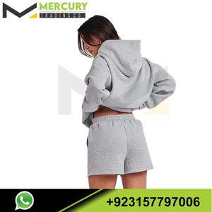 ขายส่งผู้หญิงสีทึบแฟชั่นติดตั้งสบายๆ Cropped Hoodie และกางเกงขาสั้นคลุมด้วยผ้าและสั้น 2 ชิ้นชุด rkout - Product Image 5