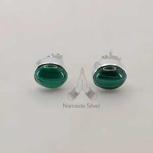 Handmade Oval Malachite Earrings, <b>Sterling</b> <b>Silver</b> <b>Studs</b>, Birthstone Jewelry - Product Image 3