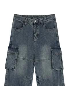 Pantalon cargo multi-poches en denim noir délavé, pantalon utilitaire pour homme, streetwear, coupe ample, vintage, décontracté - Product Image 5