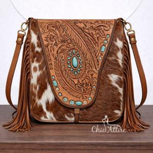 Bolso de Mano de Cuero Tallado a Mano con Flecos, Estilo Bohemio Gitano Vintage, Hecho a Mano, de Piel de Vaca, para Llevar al Hombro o Cruzado, Elegante - Product Image 1