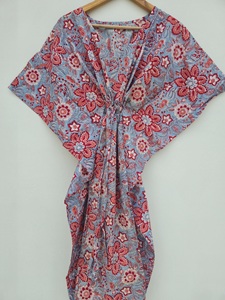 Block Print 100% Cotton Eco-Friendly Natural Waist Women's Boho <b>Kaftan</b> Dress Summer <b>Beach</b> Wear Nightwear - Product Image 5