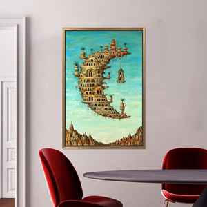 Impression sur toile sur le thème de l'architecture lunaire - Décoration fantastique et onirique, encadrée de doré - Product Image 1