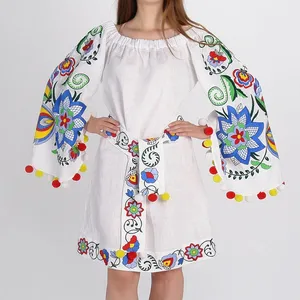 vintage Richelieu embroidered off shoulder Boho Ukrainian Vyshyvanka Embroidery Linen Dresses With belted Waist Tassels