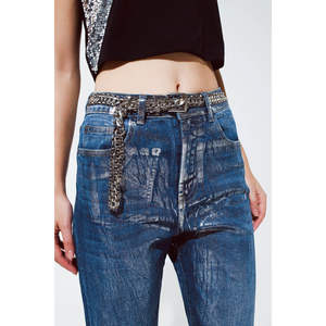 Jeans de Cintura Alta y Pierna Recta con Acabado Metálico Plateado, Transpirables, Estilo Urbano, con Técnica de Pedrería, Holgados, Talla XL, Estampado Invernal - Product Image 2