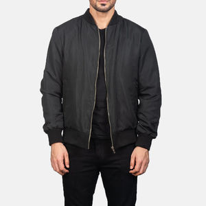 Chaqueta Bomber de Invierno Personalizada en Satén de Poliéster Negro con Ribete Acanalado, Cuello Varsity, Bolsillos Interiores, Resistente al Viento y Ecológica - Product Image 1