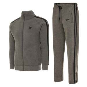 Ensemble de survêtements en molleton de coton 100% pour homme, gris avec rayures noires, fermeture à glissière, vêtements de sport et de sport avec logo - Product Image 1