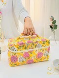 Pochette de toilette vintage en coton imprimé floral jaune, écologique, résistante à l'eau, durable, pour le voyage, avec fermeture éclair