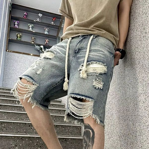 Pantalones cortos de diseñador para hombre, pantalones cortos de mezclilla rasgados, cintura alta, ajuste holgado, dobladillo crudo deshilachado, estilo de calle de moda - Product Image 5
