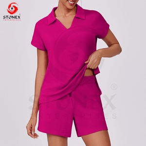 2025 printemps décontracté deux pièces ensemble haute qualité coton col rond à manches courtes chemise avec short ensemble pour les femmes - Product Image 1