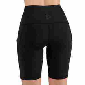 Shorts de sport noirs taille haute pour femme avec poches latérales, séchage rapide, coupe sportive, pour entraînement et yoga - Product Image 3