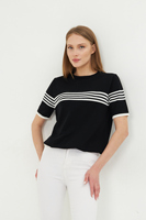 Camiseta de Punto a Rayas de Manga Corta con Cuello Redondo para Mujer, Color Negro y Blanco en Contraste, Informal, para Uso Diario, Transpirable, Corte Regular