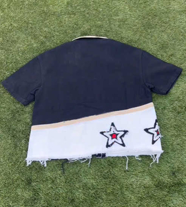 T-shirt uni à manches courtes en coton avec fermeture éclair pour hommes de taille plus personnalisé Patch de broderie vintage vieilli respirant bord coupé - Product Image 3