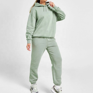 Nouvel ensemble de survêtement pour femme en vert olive surdimensionné à épaules tombantes, 2 pièces, sweat à capuche et pantalon de jogging avec poche kangourou, 100% coton - Product Image 1
