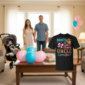 Maglietta Promozionale per Rivelazione del Sesso del Bambino con Design 'Stivaletti o Fiocchi' - 'Lo Zio Ti Ama' - Product Image 3