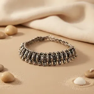Tobillera de Plata 925 Oxidada para Mujer, Estilo Bohemio, Joyería Étnica Hipoalergénica, Chapado en Oro, con Dijes de Diamantes y Perlas, Diseño de Borlas - Product Image 2