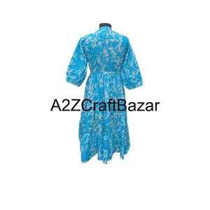 Robe mi-longue à manches longues et col en V, imprimé floral, 100% coton, écologique, coupe ample, bloc de couleur sur le devant, tissu respirant, pour les occasions spéciales - Product Image 6