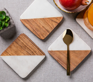 Dessous de verre personnalisé en bois d'acacia et marbre pour mariage pendaison de crémaillère cadeaux de vacances Dessous de verre à café Meilleur prix - Product Image 1