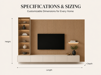 Meuble TV flottant minimaliste moderne KEJIA avec panneau mural rainuré en bois et écran en verre intégré avec éclairage LED