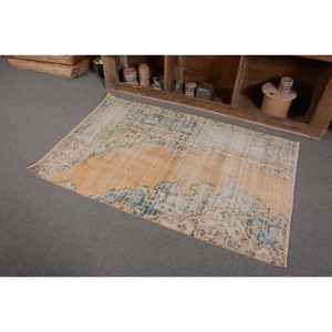 Vintage Turkish Rug Beige Blue 3.3 X 5ft Wool <b>Large</b> Area Abstract Pattern Rectangular Shape <b>Plush</b> Pile Latex for Hallway Use - Product Image 3