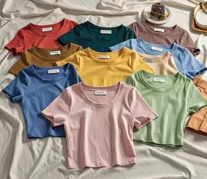 Conception de sérigraphie personnalisée col rond col montant Slim Fit Crop Top T Shirt grande taille vierge couleur unie Sexy femmes T-Shirt - Product Image 6