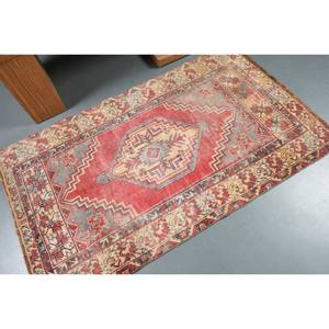 Alfombra de retazos ecológica de lana roja y Beige clásica, 3,3x5,6 pies, comedor tradicional, respaldo de látex rectangular turco mediano - Product Image 2