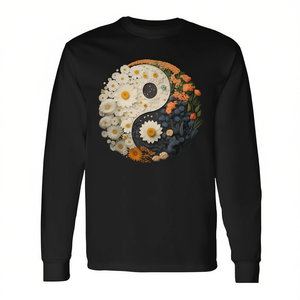 T-shirt a maniche lunghe con simbolo floreale Taoismo Yin Yang, iconografia Taijitu, articolo promozionale con iconografia Yin Yang e fiori - Product Image 3