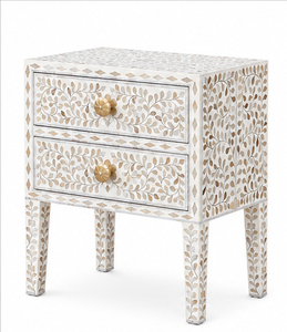 Luxury <b>White</b> Bone Inlay <b>Bedside</b> Table 2 Drawer Nightstand Handmade Floral Accent Cabinet Bedroom Furniture - Product Image 4