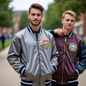 Blouson aviateur d'hiver décontracté en satin pour hommes 100% polyester boutonné en tissu satiné vestes d'université athlétiques pour hommes - Product Image 1