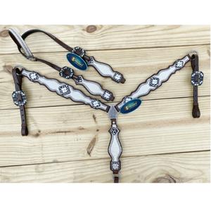 Juego de arreos para caballo personalizados, diseño de girasoles y hojas pintados a mano sobre cuero, cabezada y pechera estilo western. - Product Image 1