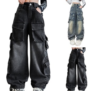 กางเกงยีนส์ผ้าสแปนเด็กซ์/ ผ้าฝ้ายหลายกระเป๋าทรงหลวมลายดอกไม้เป็นมิตรต่อสิ่งแวดล้อมสำหรับผู้หญิง - Product Image 3