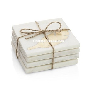 Dessous de verre en marbre blanc fait main en forme d'aile en laiton avec incrustation en marbre de conception de forme ronde à bas prix - Product Image 1