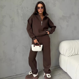 Conjunto de Sudadera con Capucha de Punto para Mujer, Invierno, Cierre de Cremallera, Cuello Camisero, Pantalones, Atuendo Informal y Suave - Product Image 4