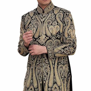 2024 éblouissant lourd broderie marié Sherwani pantalon belle noir grande taille respirant cristal perles de verre Resham Dabka travail - Product Image 1