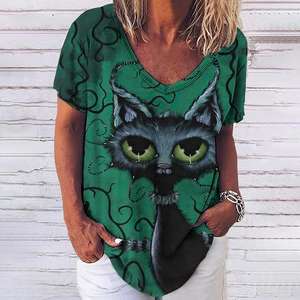 Camiseta básica de manga corta con cuello en V y estampado de gato para mujer, ropa de calle informal de verano, ropa femenina de gran tamaño 5XL 2025 - Product Image 2