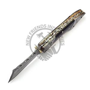 Venta al por mayor hecho a mano resistente Acero de Damasco cuchillo de bolsillo plegable estilo maquinilla de afeitar refuerzo/mango de cuerno OEM personalizable para la caza - Product Image 4