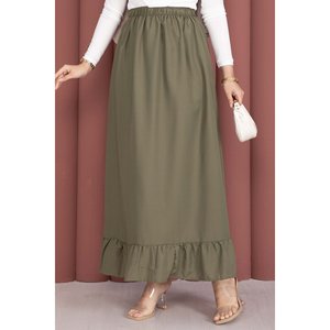 Khaki Straight Midi <b>Skirt</b> with <b>Elastic</b> Waist & Ruffle Details Soft Breathable Spandex Fabric Digital Print Plain Style - Product Image 2