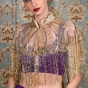 Hermosa capa burlesca con cuentas y lentejuelas, silueta recta con flecos colgantes, sujeta el cuello, ropa festiva para festivales, capas - Product Image 1