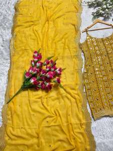 Venta al por mayor de ropa de fiesta de diseñador Faux Georgette hermosa secuencia bordada Top y pantalón con corte de fantasía trabajo Dupatta Set - Product Image 5