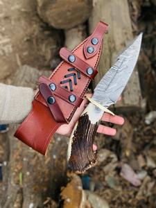 มีดทำมือคุณภาพสูงจากเหล็กดามัสกัส สำหรับใช้งานกลางแจ้ง ตั้งแคมป์ ล่าสัตว์ ด้ามไม้กวาง พร้อมปลอก ระดับอุตสาหกรรม - Product Image 5