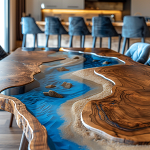 Tavolo da Pranzo in Legno Massello con Resina Epossidica Effetto Fiume, Tavolo in Legno Bordo Vivo con Resina Blu Trasparente, Arredamento Moderno per Ristoranti e Caffè - Product Image 6