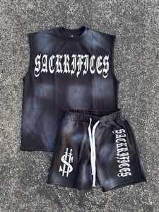 Conjunto personalizado de 100% algodón lavado ácido camiseta sin mangas y pantalones cortos para Hombres estilo callejero Vintage estampado DTG sin mangas para el verano - Product Image 5